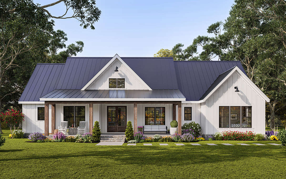 House Plan 009-00326 - Modern Farmhouse Plan: 2,490 Square Feet, 3-4 Bedrooms, 2.5 Bathrooms House Plan 009-00326 is a stunning modern farmhouse design featuring 2,490 square feet of living space, 3-4 bedrooms, and 2.5 bathrooms. This home boasts a spacious open floor plan, a gourmet kitchen with a large island, a luxurious master suite with a walk-in closet, and a covered porch perfect for relaxing or entertaining. With its charming exterior and thoughtful layout, this farmhouse plan offers the perfect combination of style and functionality for modern living.