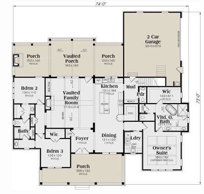 3BR, 2.5BA main level with vaulted family room, kitchen, island, WIC, Ldry, 2-car garage, and porches. House Plan # 009-00326 Main Floor Floor Plan Drawing by America's Best House Plans, Inc.