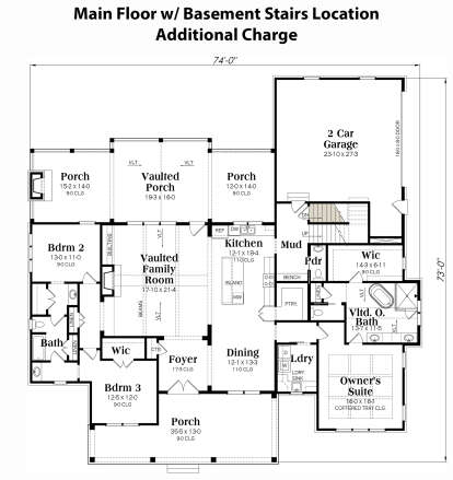 Main level with basement stairs, 3BR, 2.5BA, vaulted family room, kitchen, 2-car garage, and porches. House Plan # 009-00326 Main Floor w/ Basement Stairs Location Floor Plan Drawing by America's Best House Plans, Inc.