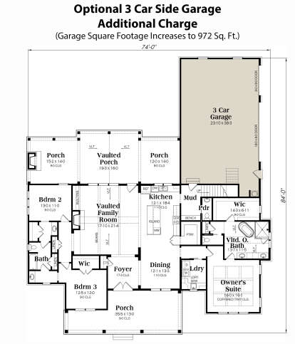 Main level with 3-car side garage, 3BR, 2.5BA, vaulted family room, kitchen, and porches. House Plan # 009-00326 Optional 3 Car Side Garage Floor Plan Drawing by America's Best House Plans, Inc.