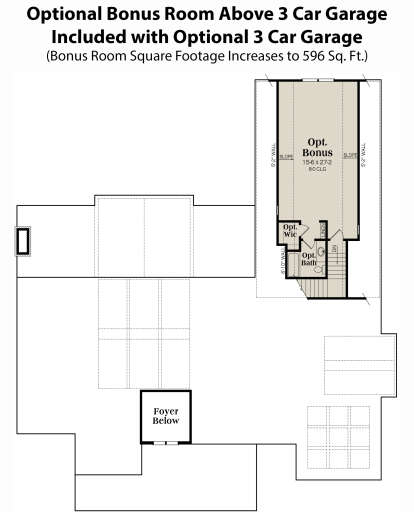 Optional bonus room above 3-car garage with optional bath and WIC. House Plan # 009-00326 Optional Second Floor over 3 Car Garage Floor Plan Drawing by America's Best House Plans, Inc.
