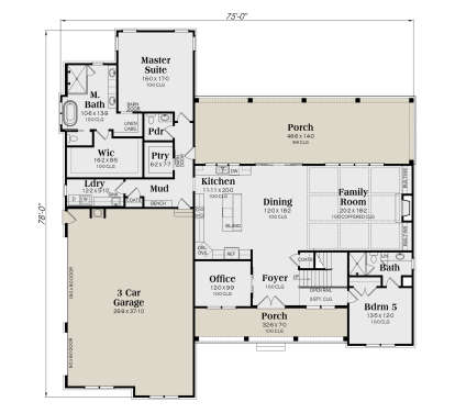 Main floor with master suite, 4 beds, 3.5 baths, kitchen, dining, family room, office, mudroom, and 3-car garage. House Plan # 009-00328 Main Floor Floor Plan Drawing by America's Best House Plans, Inc.