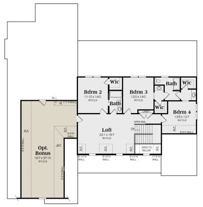 Upper level with 3 beds, 2 baths, loft, WICs, storage, and optional bonus room. House Plan # 009-00328 Second Floor Floor Plan Drawing by America's Best House Plans, Inc.