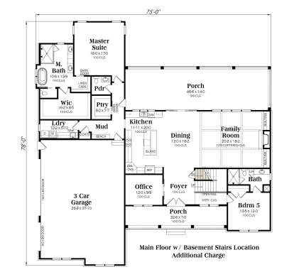 Main floor with basement stairs, master suite, 4 beds, 3.5 baths, kitchen, dining, family room, and 3-car garage. House Plan # 009-00328 Main Floor w/ Basement Stairs Location Floor Plan Drawing by America's Best House Plans, Inc.