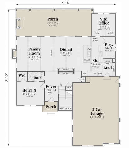 Main floor with 1 bed, 1 bath, family room, dining, kitchen, vaulted office, pantry, mudroom, and 3-car garage. House Plan # 009-00330 Main Floor Floor Plan Drawing by America's Best House Plans, Inc.