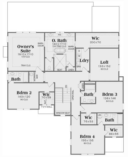 Upper level with owner's suite, 3 beds, 3 baths, loft, laundry, and multiple WICs. House Plan # 009-00330 Second Floor Floor Plan Drawing by America's Best House Plans, Inc.