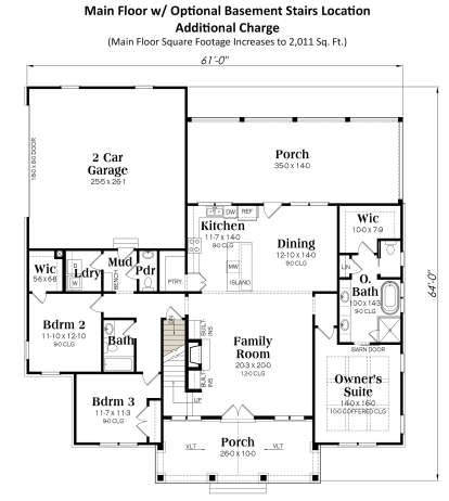 Main Floor w/ Basement Stairs Location for House Plan #009-00338