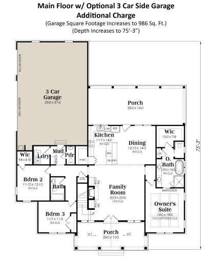Main Floor w/ 3 Car Side Garage Option for House Plan #009-00338
