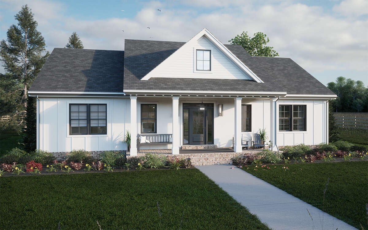 House Plan 7174-00008 - Modern Farmhouse Plan: 1,497 Square Feet, 3 Bedrooms, 2 Bathrooms House Plan 7174-00008 is a charming Modern Farmhouse design that features 1,497 square feet of living space with 3 bedrooms and 2 bathrooms. This home combines the classic farmhouse style with modern amenities, creating a cozy and inviting living space perfect for families of all sizes. With its open floor plan and spacious bedrooms, this farmhouse plan is ideal for those looking for a comfortable and stylish home in a rural or suburban setting.