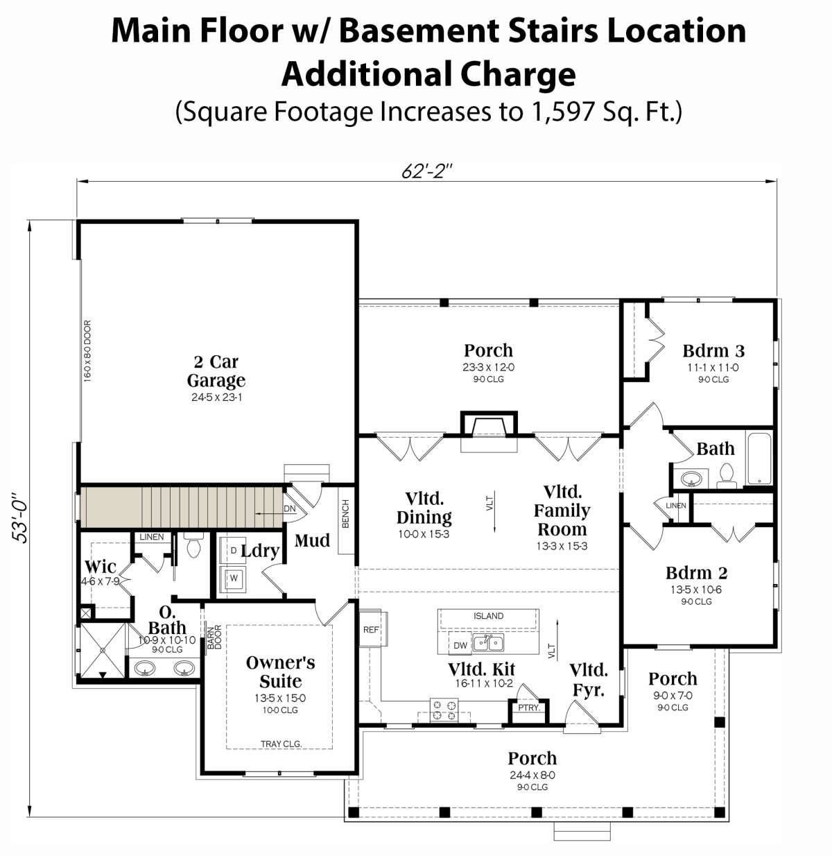 Main Floor w/ Basement Stairs Location for House Plan #009-00344