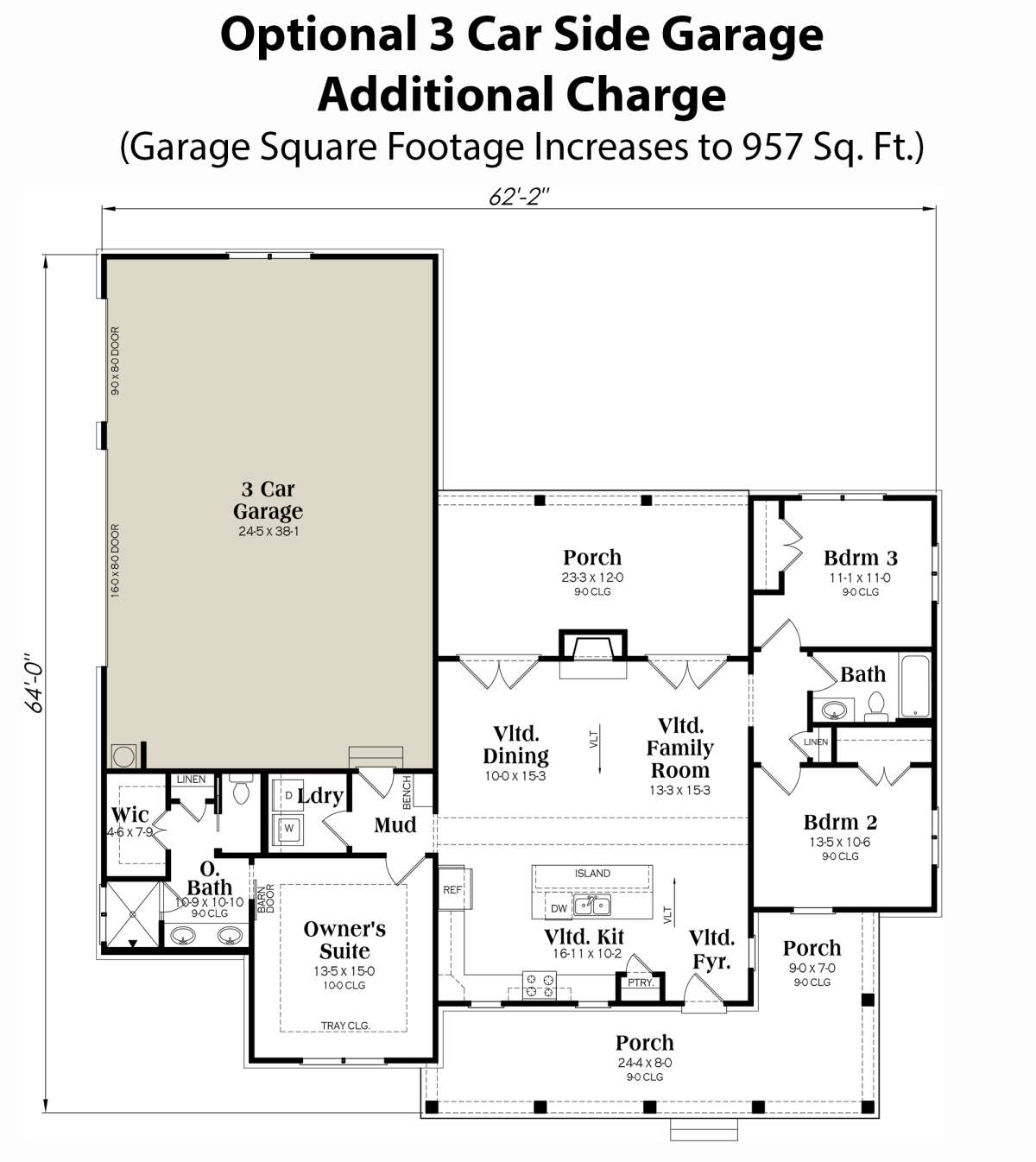 Optional 3 Car Side Garage for House Plan #009-00344