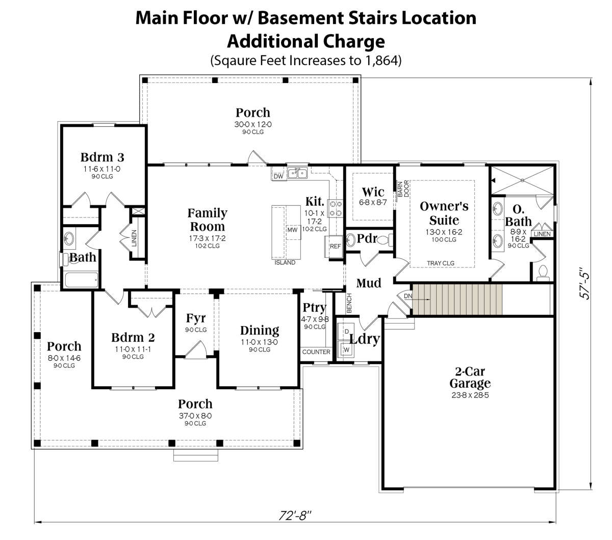 Main Floor w/ Basement Stair Location for House Plan #009-00345