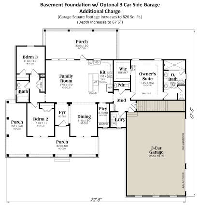 Basement Foundation w/ Optional 3 Car Garage for House Plan #009-00345