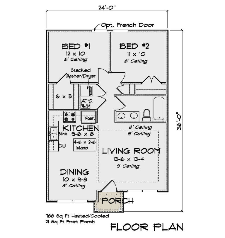 Cottage Plan: 788 Square Feet, 2 Bedrooms, 1 Bathroom - 4848-00373