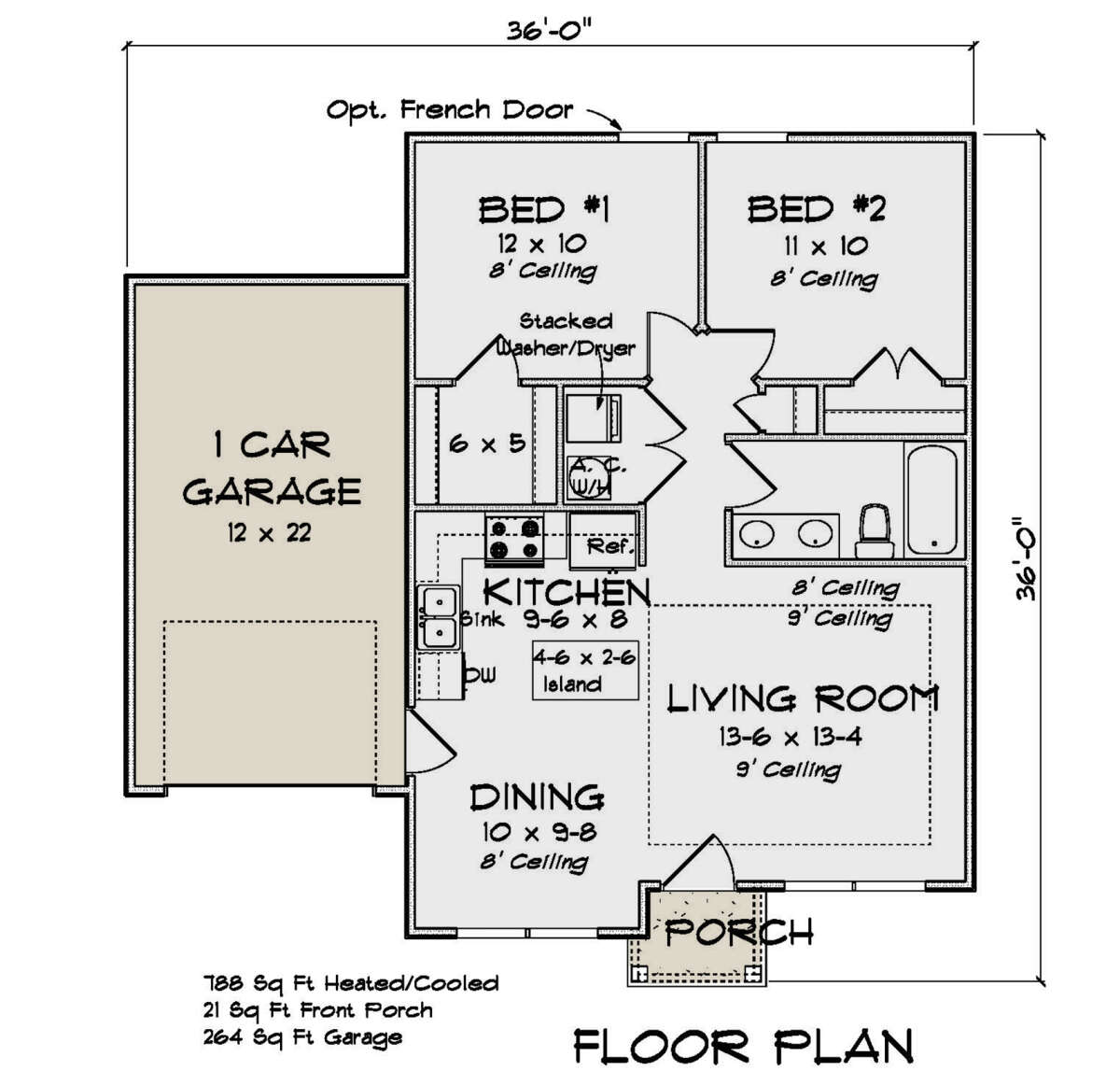 2 Bedroom 1 Kitchen 1 Bathroom House Plans Cottage Plan: 788 Square Feet, 2 Bedrooms, 1 Bathroom - 4848-00374