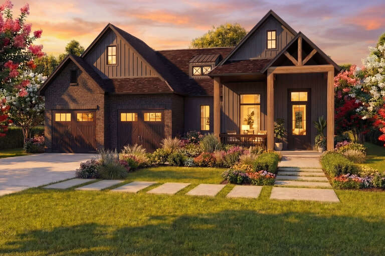 House Plan House Plan #29004 Angled Front Elevation at Dusk