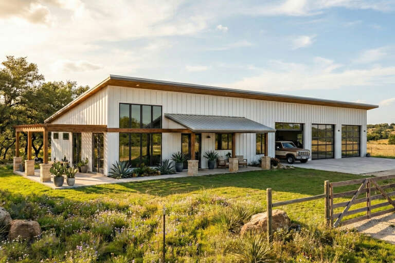 White Barndominium, Angled Front Elevation, board-and-batten siding, timber pergola, stone pillars, agave landscaping. House Plan # 963-00773 Digital Rendering by America's Best House Plans, Inc.