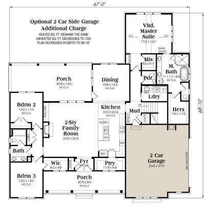 Main level: 3BR, 2BA, family room, kitchen, dining, mudroom, owner's suite, and optional 2-car side garage. House Plan # 009-00347 Main Floor w/ Optional 2 Car Garage Floor Plan Drawing by America's Best House Plans, Inc.