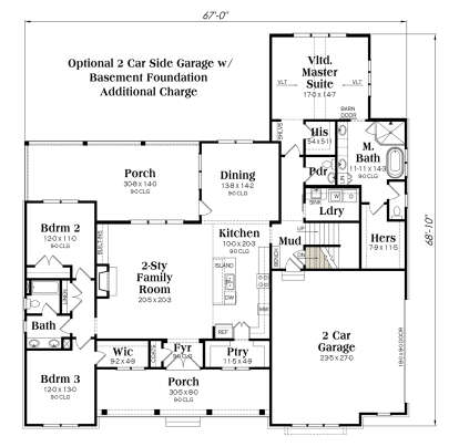 Basement foundation layout with optional 2-car garage. House Plan # 009-00347 Basement Foundation w/ Optional 2 Car Garage Floor Plan Drawing by America's Best House Plans, Inc.