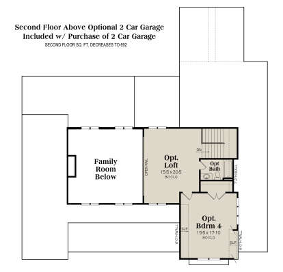 Optional upper level above 2-car garage: loft, bath, and bedroom 4. House Plan # 009-00347 Optional Second Floor Above 2 Car Garage Floor Plan Drawing by America's Best House Plans, Inc.
