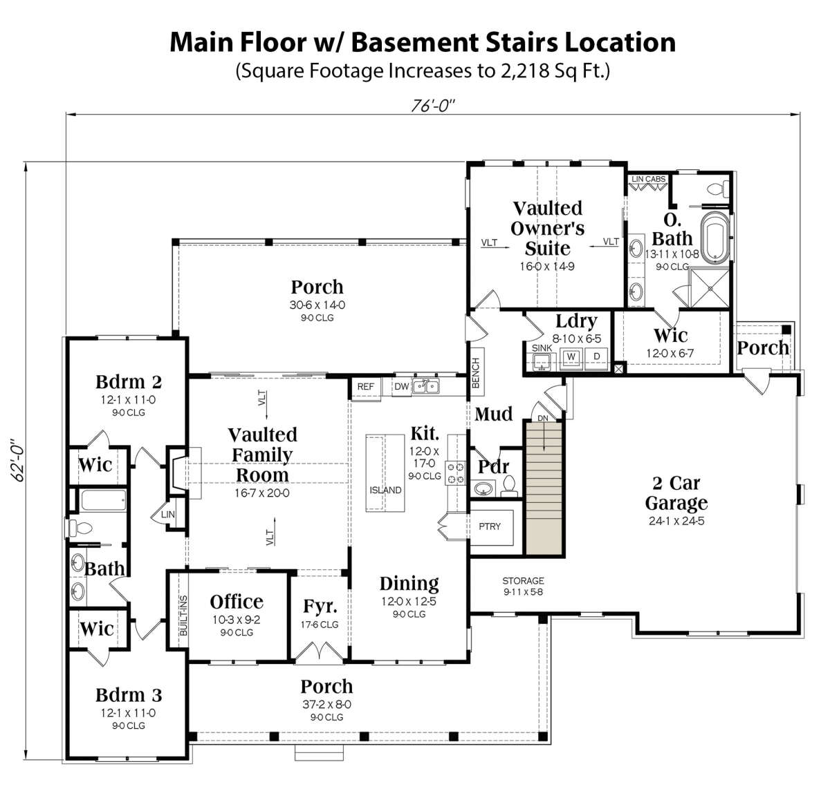 Main Floor w/ Basement Stair Location for House Plan #009-00348