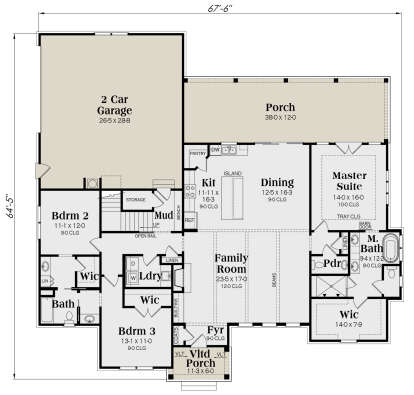 3BR, 2BA main floor with open kitchen, family room, master suite, WIC, Ldry, 2-car garage, and covered porch. House Plan # 009-00349 Main Floor Floor Plan Drawing by America's Best House Plans, Inc.