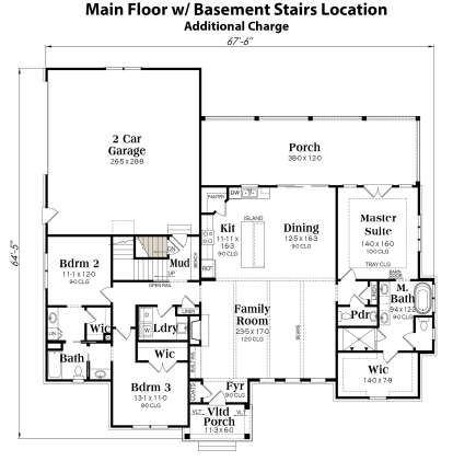 Main floor with basement stair location, 3BR, 2BA, open living areas, and 2-car garage. House Plan # 009-00349 Main Floor w/ Basement Stair Location Floor Plan Drawing by America's Best House Plans, Inc.