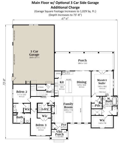 Main floor with 3-car side garage option, 3BR, 2BA, open living areas, and covered porch. House Plan # 009-00349 Main Floor w/ 3 Car Side Garage Option Floor Plan Drawing by America's Best House Plans, Inc.