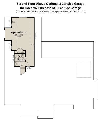 Second floor above optional 3-car garage with bedroom 4 and full bath. House Plan # 009-00349 Second Floor w/ 3 Car Side Garage Option Floor Plan Drawing by America's Best House Plans, Inc.
