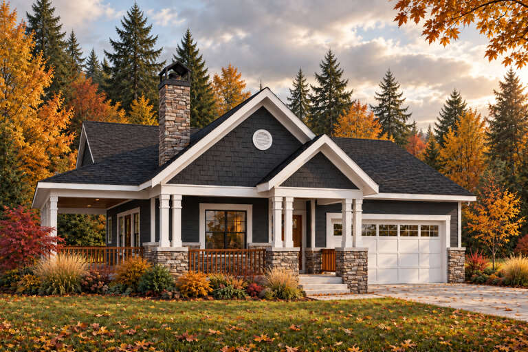 Angled front view of a dark gray Craftsman house, stone chimney, covered porch, gabled roof, and autumn landscaping. House Plan # 035-01061