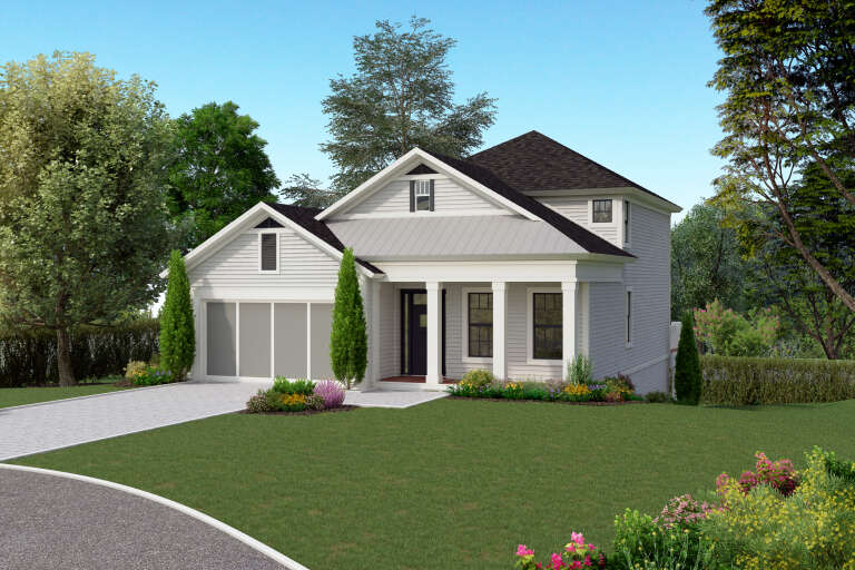 Angled front view of a white house in Craftsman style, metal-roofed porch, gabled roof, and manicured landscaping. House Plan # 8436-00114