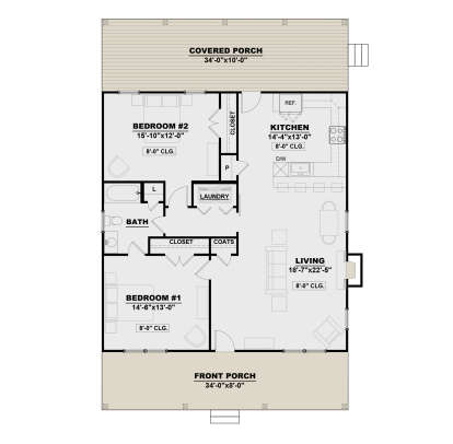 Country Plan: 1,224 Square Feet, 2 Bedrooms, 1 Bathroom - 7568-00013