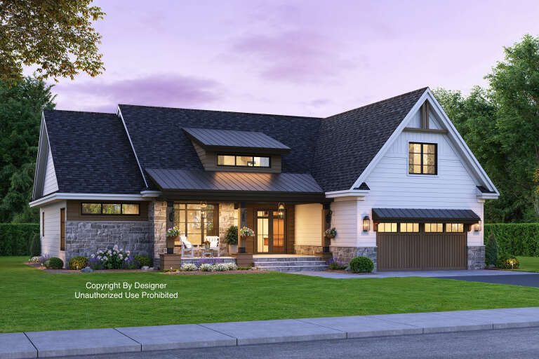 House Plan House Plan #29289 Angled Front Elevation at Dusk