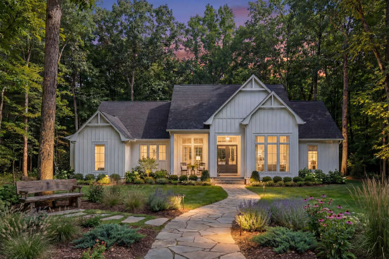 House Plan House Plan #29369 Angled Front Elevation at Dusk