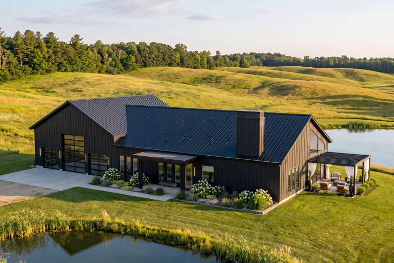 Black Barndominium, Angled Front Elevation, metal siding, glass garage doors, pergola patio, and lush landscape by pond. House Plan # 963-00803 Digital Rendering by America's Best House Plans, Inc.