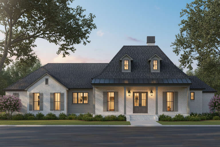 House Plan House Plan #29388 Front Elevation at Dusk
