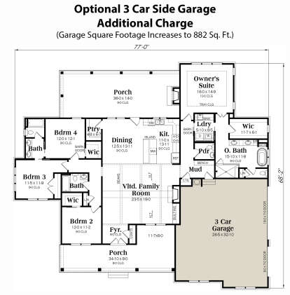 Optional 3 Car Side Garage for House Plan #009-00361
