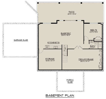 Basement Foundation w/ Optional 2 Car Garage: 1BR, 1BA, Kitchenette, Storage, Mech room, Patio, Porch. Unheated: garage/patio. House Plan # 5032-00248 Basement Foundation w/ Optional 2 Car Garage Floor Plan Drawing by America's Best House Plans, Inc.