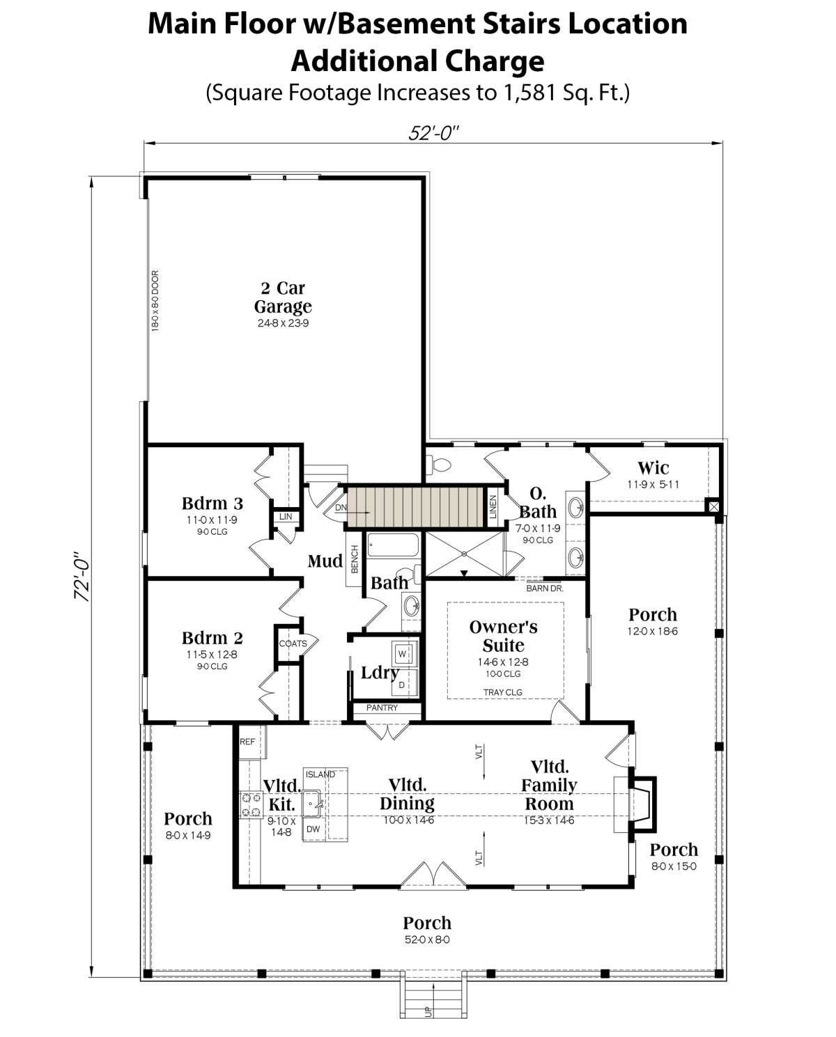 Main Floor w/ Basement Stair Location for House Plan #009-00364