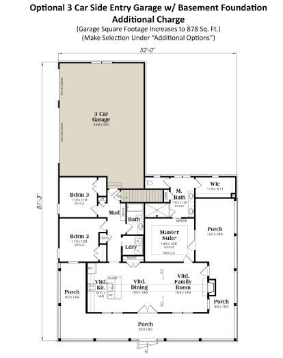 Main Floor w/ 3 Car Side Garage - Basement Foundation for House Plan #009-00364
