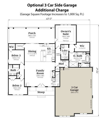 Optional 3 Car Side Garage  for House Plan #009-00365