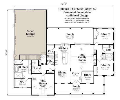 3BR, 2.5BA, Office, Vltd Family, Dining, Kitchen, Pantry, Ldry, Mud, 3-Car Garage, 2 Porches, WIC. Basement Foundation. House Plan # 009-00366 Basement Foundation w/ Optional 3 Car Garage Floor Plan Drawing by America's Best House Plans, Inc.