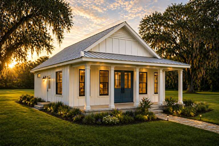 House Plan House Plan #29528 Angled Front Elevation at Dusk