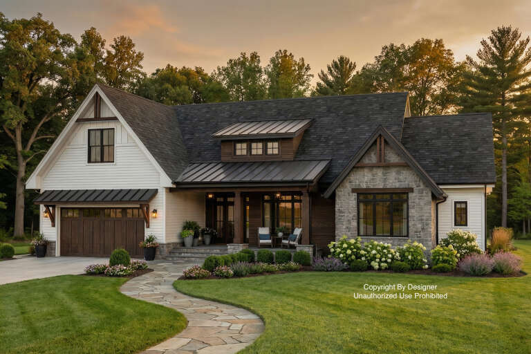 House Plan House Plan #29567 Angled Front Elevation at Dusk