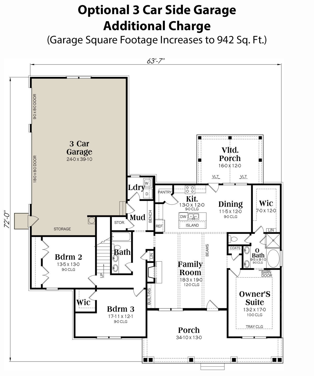 Main Floor w/ 3 Car Side Garage Option for House Plan #009-00369