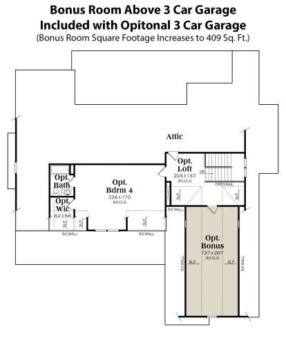 Bonus Room Above 3 Car Garage for House Plan #009-00372