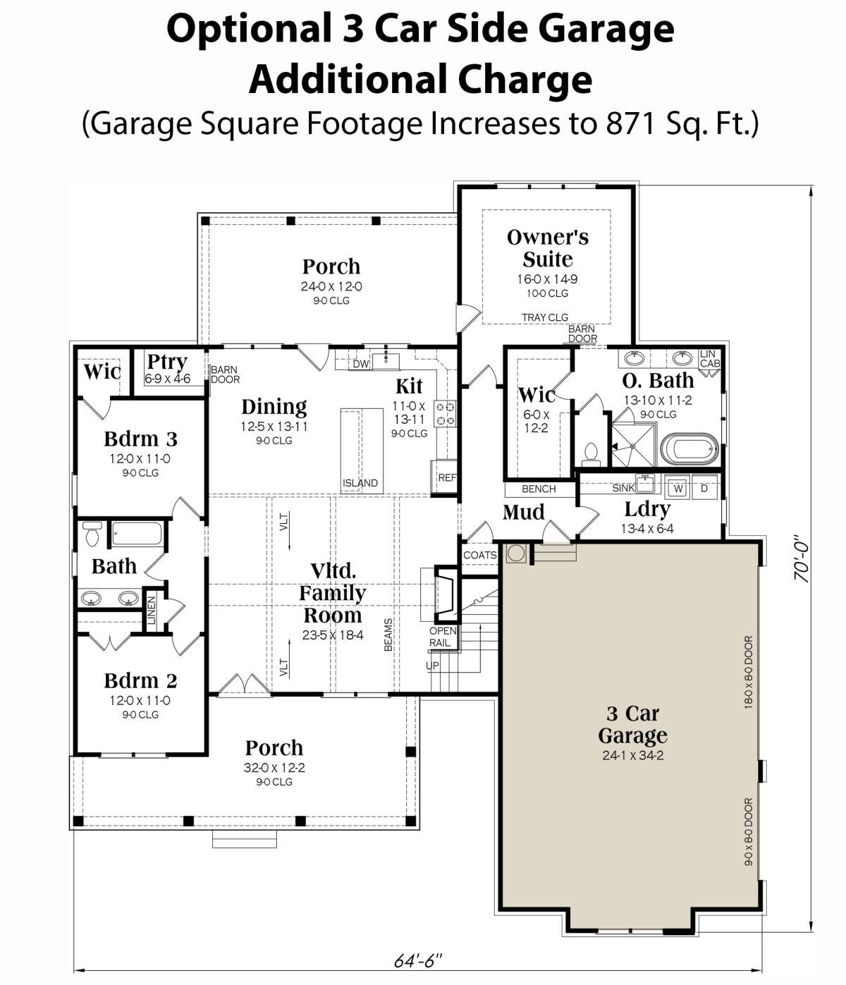 Main Floor w/ 3 Car Side Garage Option for House Plan #009-00374