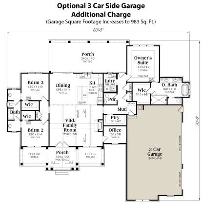Optional 3 Car Side Garage for House Plan #009-00375