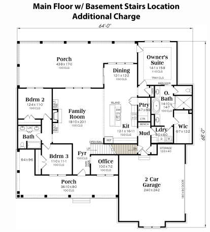 Main Floor w/ Basement Stairs Location for House Plan #009-00376