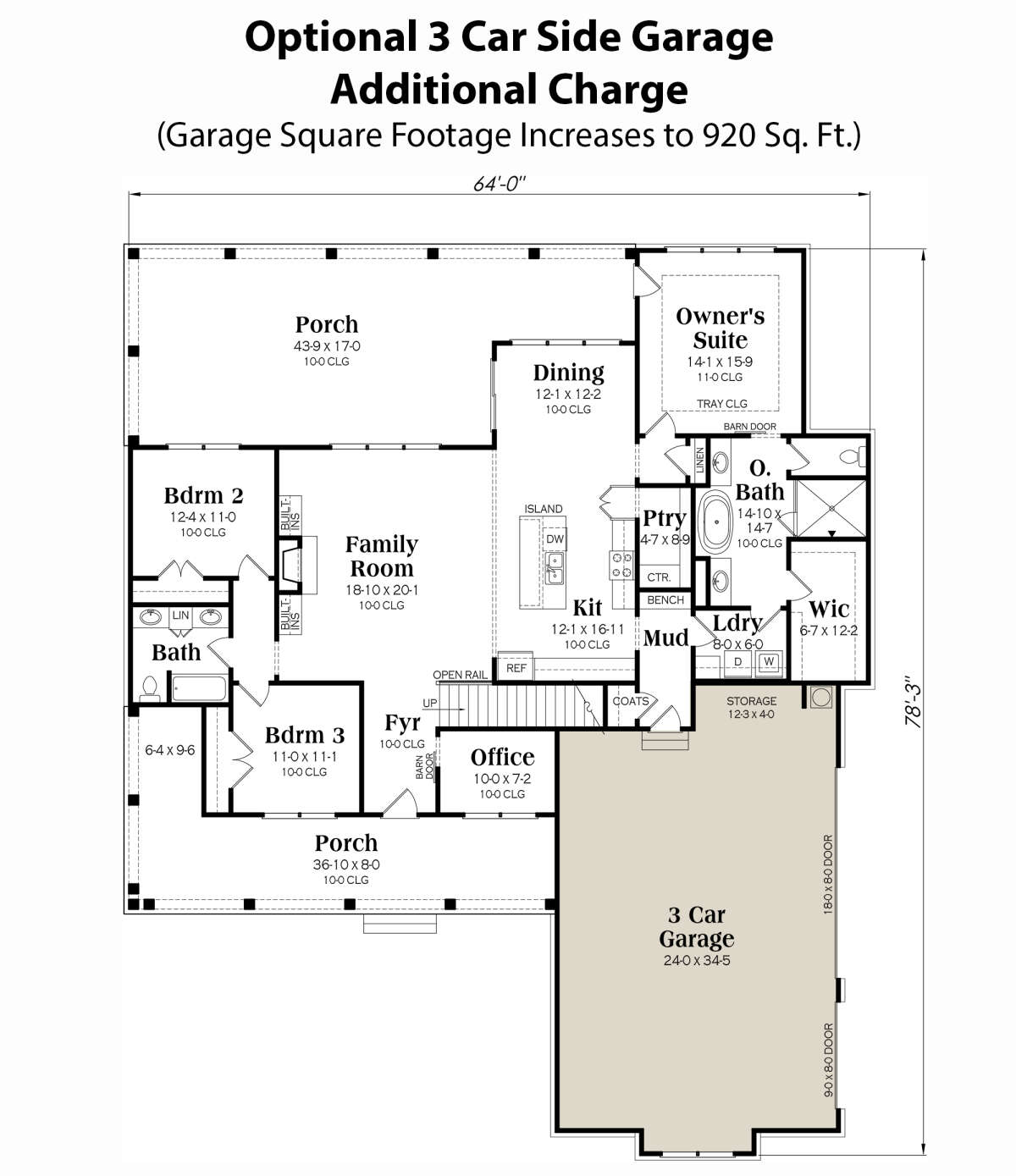 Optional 3 Car Side Garage  for House Plan #009-00376